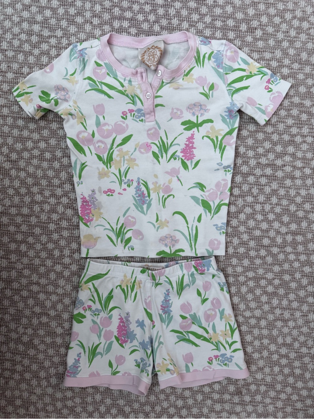 The Beaufort Bonnet Company Girls Floral Short Pajama Set - Pink, Green, Cream